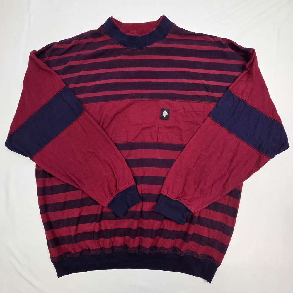 Members Only Mens Striped Mock Neck Shirt 2XL Burgundy Navy Blue Vintage 90s